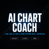 Digital cover graphic for an AI Chart Coach course, featuring bold white text on a dark, glowing background with blue subtitle text and three selectable buttons labeled ChatGPT, Claude, and Grok.