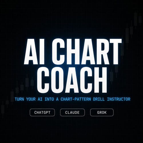Digital cover graphic for an AI Chart Coach course, featuring bold white text on a dark, glowing background with blue subtitle text and three selectable buttons labeled ChatGPT, Claude, and Grok.
