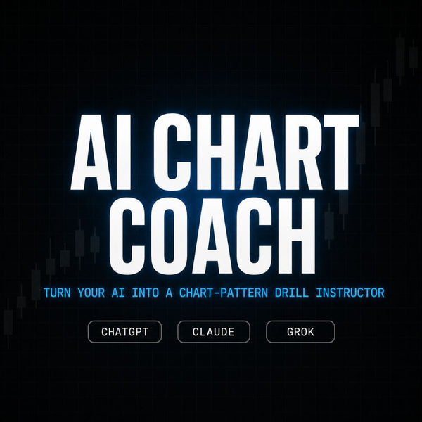 Digital cover graphic for an AI Chart Coach course, featuring bold white text on a dark, glowing background with blue subtitle text and three selectable buttons labeled ChatGPT, Claude, and Grok.