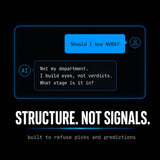 A promotional graphic on a black background with a stylized chat interface showing a blue message reading 'Should I buy NVDA?' and an AI message. Large white text below reads 'STRUCTURE.
