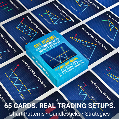 Day trading flash card set with blue box on top, surrounded by trading chart patterns.