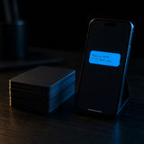 A smartphone on a dark wooden surface displaying a blue text bubble that reads 'Pull a card. I'll test you.