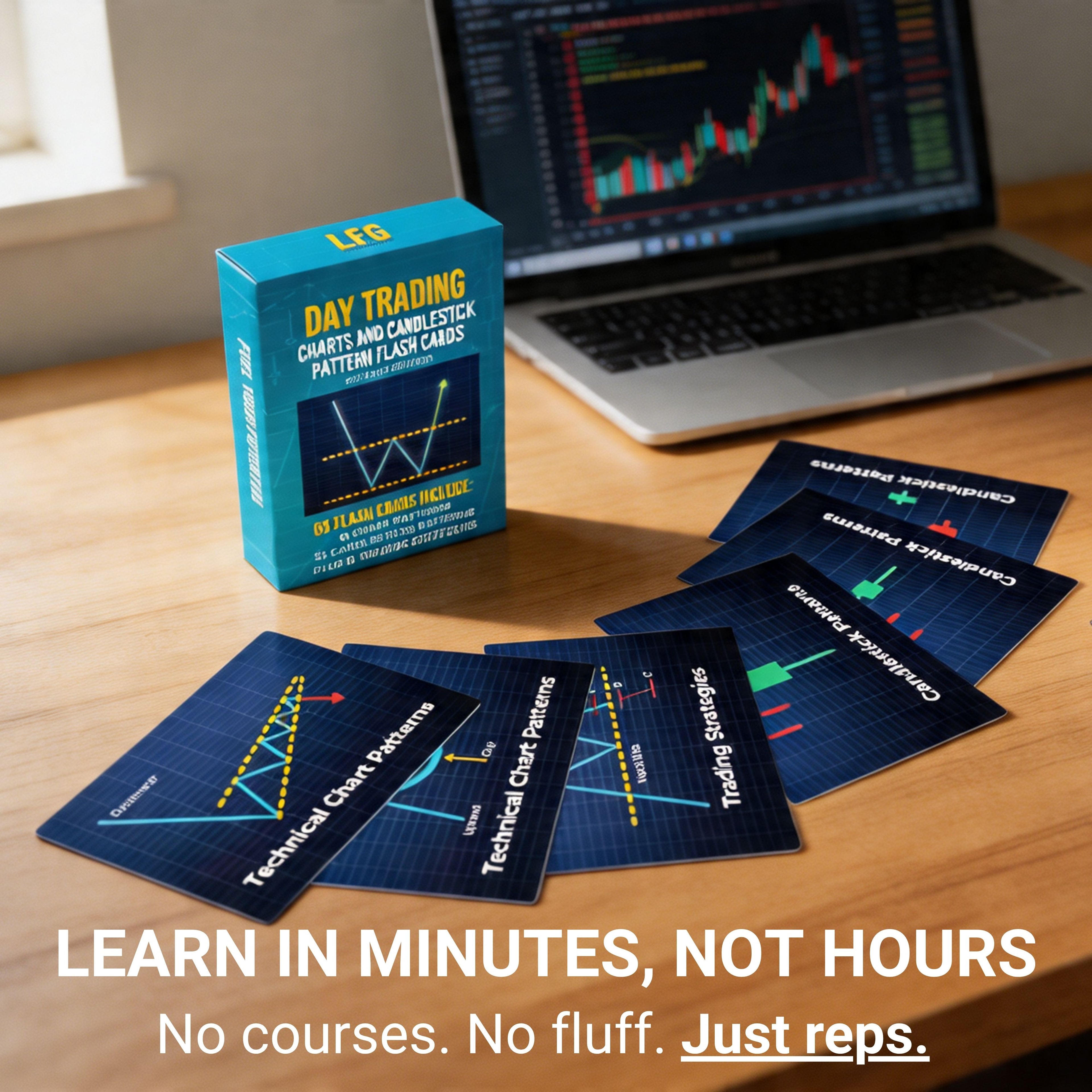 Day trading flash cards with a laptop on a desk, emphasizing quick learning.