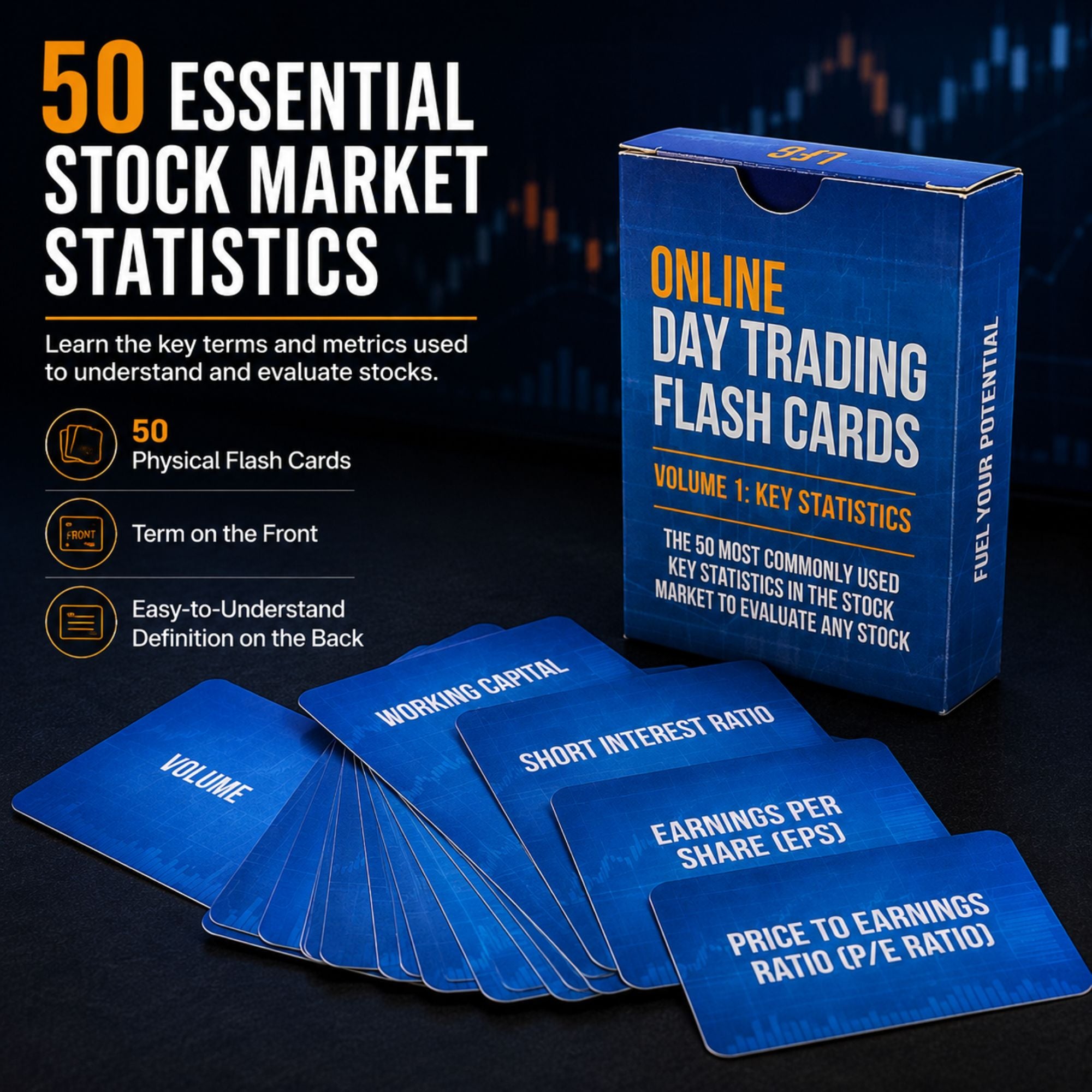 50 Stock Market Key Statistics Flash Cards.