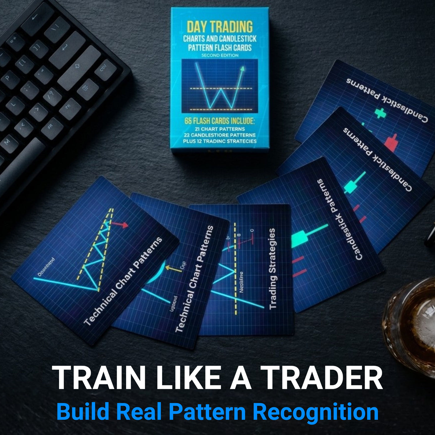 Day trading flash cards with a keyboard on a dark surface, promoting pattern recognition training.