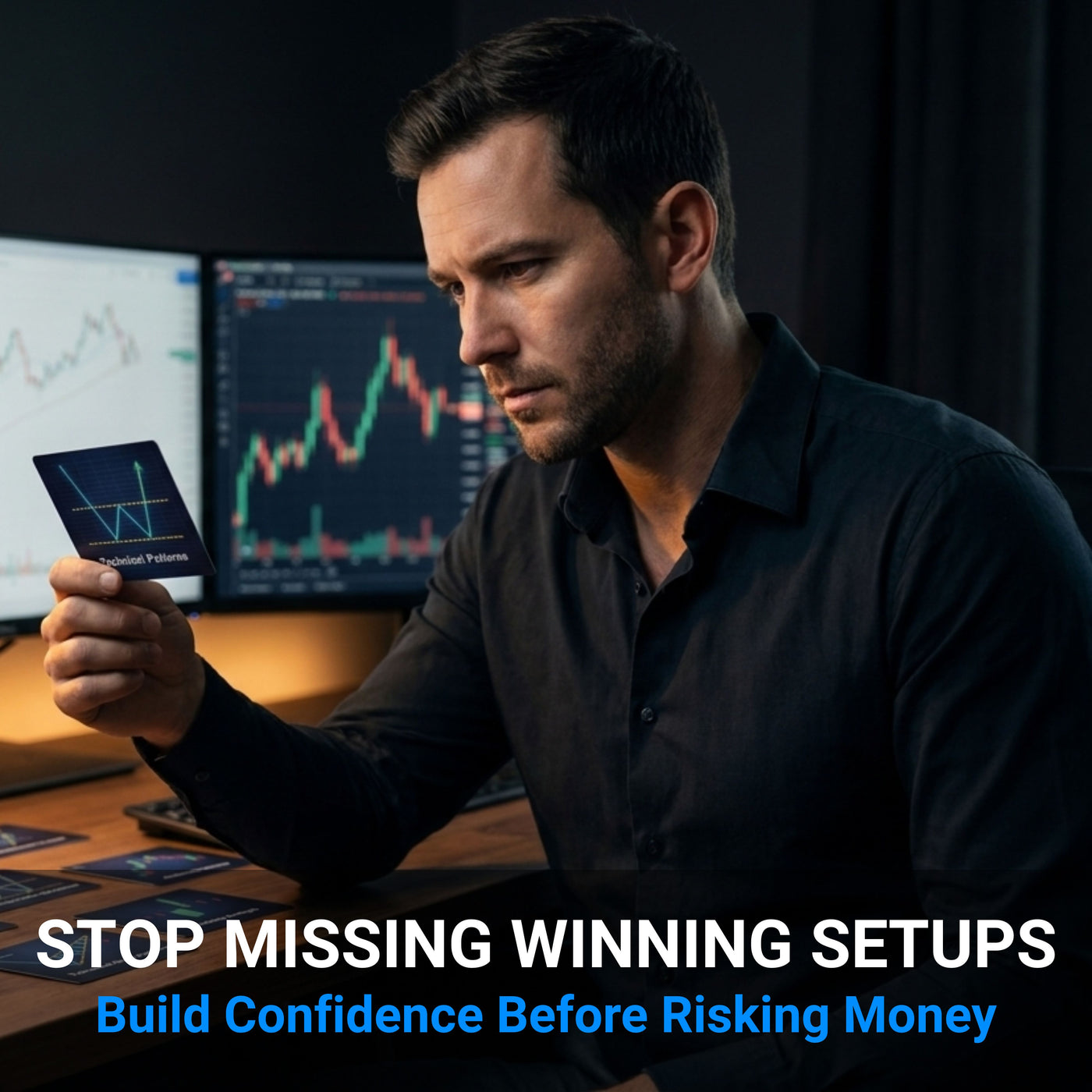 Man analyzing charts on a computer with text about building confidence before risking money.
