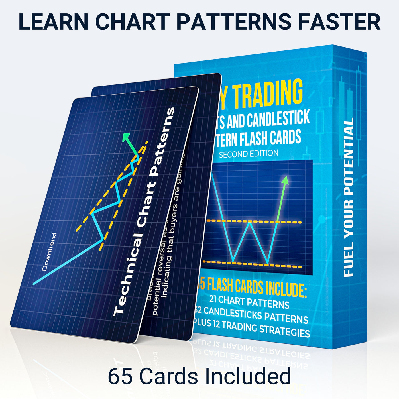 Trading flash cards and packaging with chart patterns on a white background