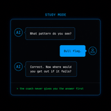 A digital graphic with a black background and glowing blue border, titled 'STUDY MODE'. It shows a mock conversation with AI and a human user, with the text 'the coach never gives you the answer first' in green at the bottom.